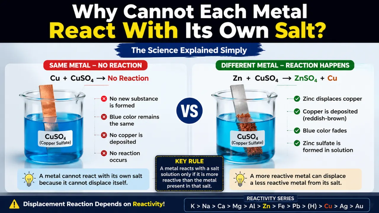 Understand why metals do not react with their own salts and how reactivity decides whether displacement happens or not.