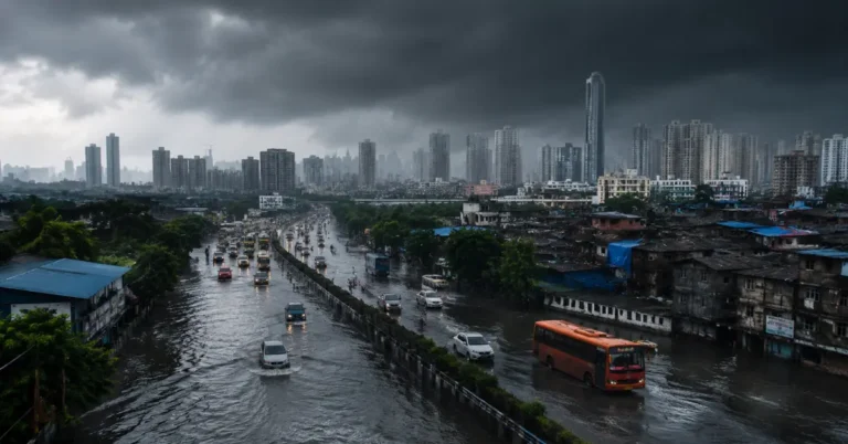 Cinematic view of an Indian city road flooded during heavy monsoon rain under dark storm clouds.