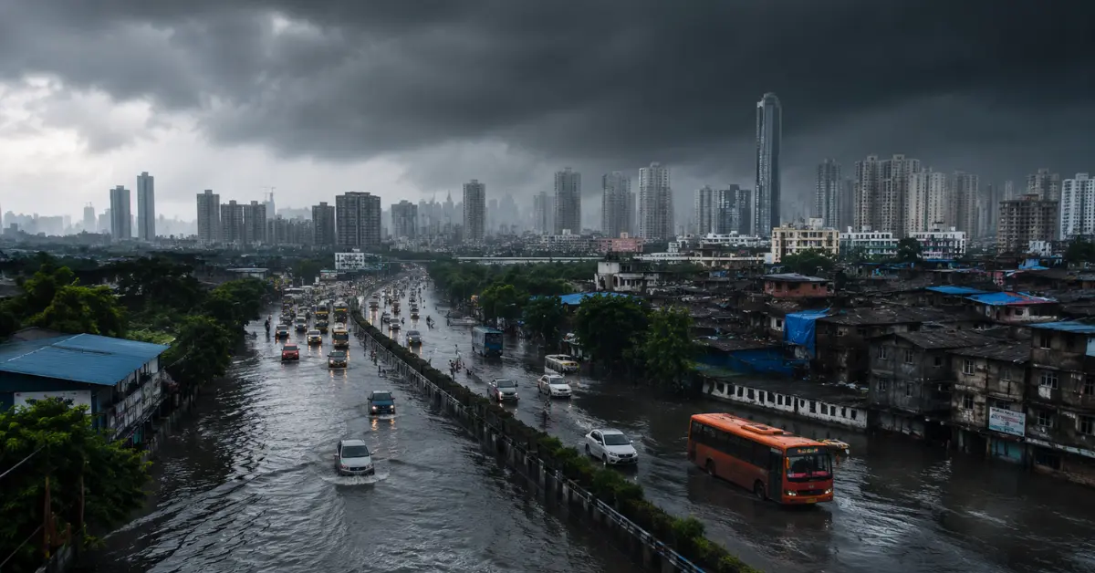 Cinematic view of an Indian city road flooded during heavy monsoon rain under dark storm clouds.