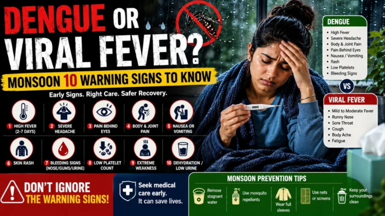 A sick woman checking her temperature during monsoon with dengue or viral fever warning signs, including high fever, headache, body pain, rash, vomiting, bleeding signs, low platelets, extreme weakness, and dehydration.