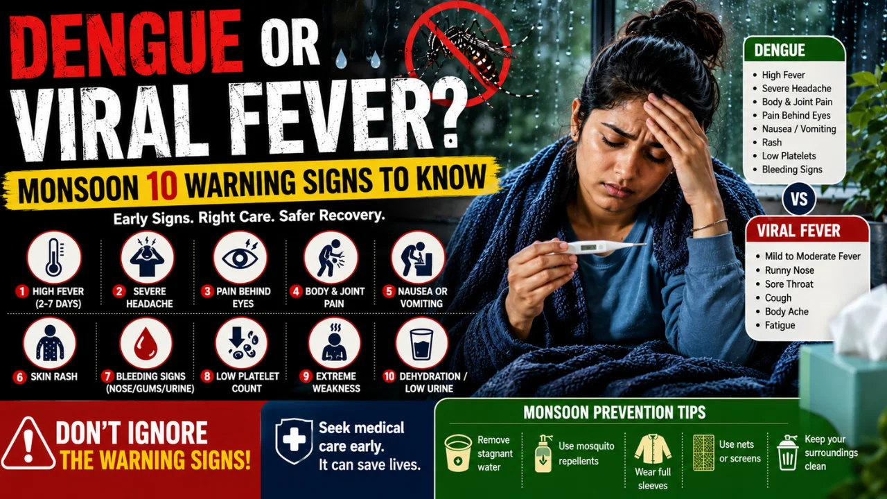 A sick woman checking her temperature during monsoon with dengue or viral fever warning signs, including high fever, headache, body pain, rash, vomiting, bleeding signs, low platelets, extreme weakness, and dehydration.