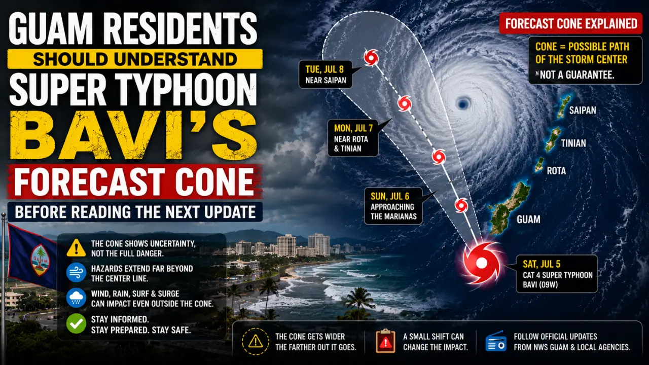 The forecast cone for Super Typhoon Bavi can confuse many readers. Here is what the track really means for Guam and nearby islands.
