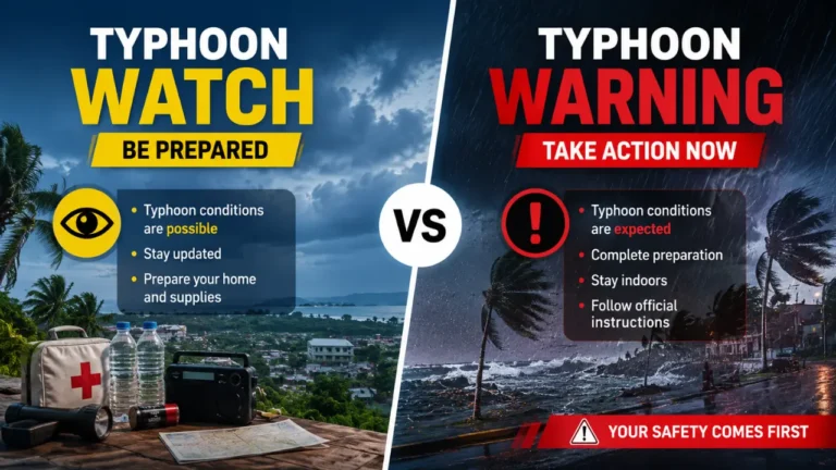 Before a typhoon hits, warning words matter. Learn what watches, warnings, flood alerts, and high surf warnings mean for safety.