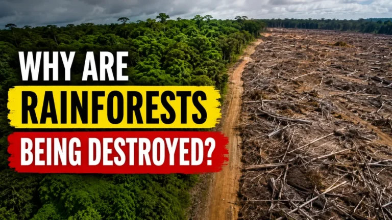 Aerial view of a rainforest beside a cleared deforested area, with bold text asking why rainforests are being destroyed.