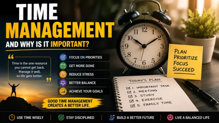 Time management feature image showing an alarm clock, daily planner, and priority list with text about focus, discipline, stress reduction, balance, and goals.