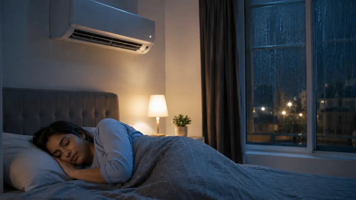 Woman sleeping comfortably in a bedroom with the air conditioner running during a rainy monsoon night.