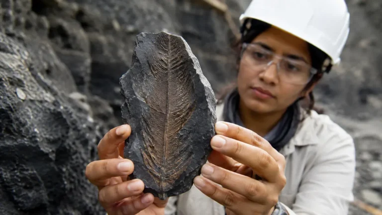 Scientist examining a fossilized leaf from Assam’s Makum Coalfield linked to a 24-million-year-old screw-pine plant.