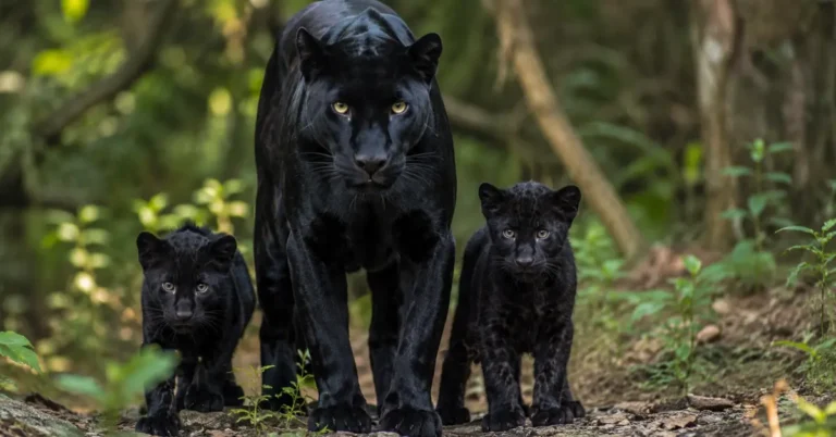 Black panther mother walking with two cubs through a forest in Assam’s Manas National Park.