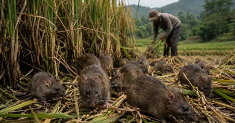 Rats feeding among damaged rice crops in a Mizoram farm during the bamboo-flowering rodent surge.