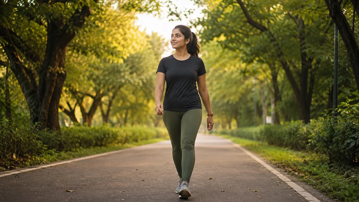 Woman taking a brisk 30-minute walk on a quiet, tree-lined park path in natural morning light.