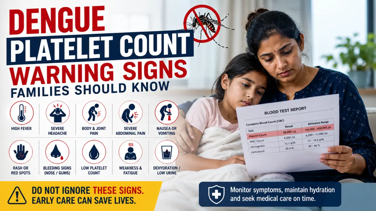 A mother reading a blood test report beside a sick child with dengue platelet count warning signs, including fever, headache, body pain, abdominal pain, vomiting, bleeding signs, low platelets, weakness, and dehydration.