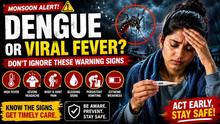 A sick woman checking her temperature during monsoon with dengue warning signs such as fever, headache, body pain, vomiting, bleeding signs, and weakness.
