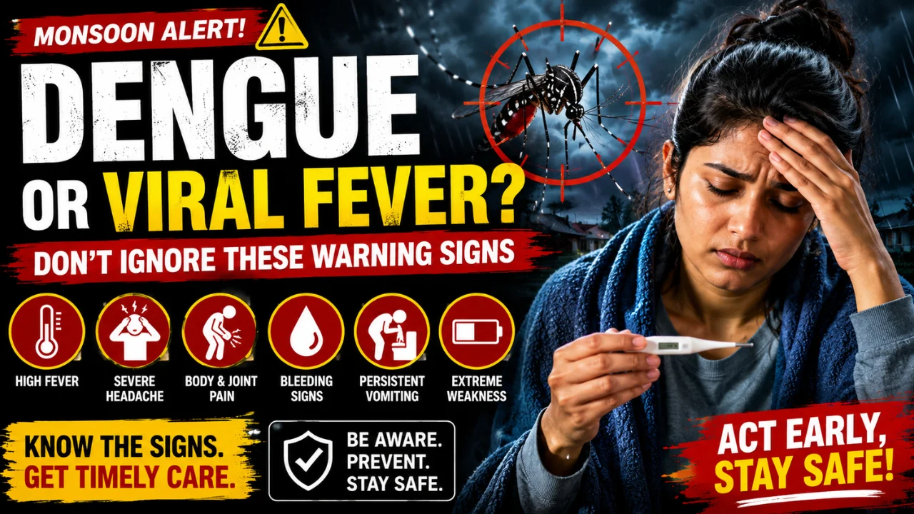 A sick woman checking her temperature during monsoon with dengue warning signs such as fever, headache, body pain, vomiting, bleeding signs, and weakness.