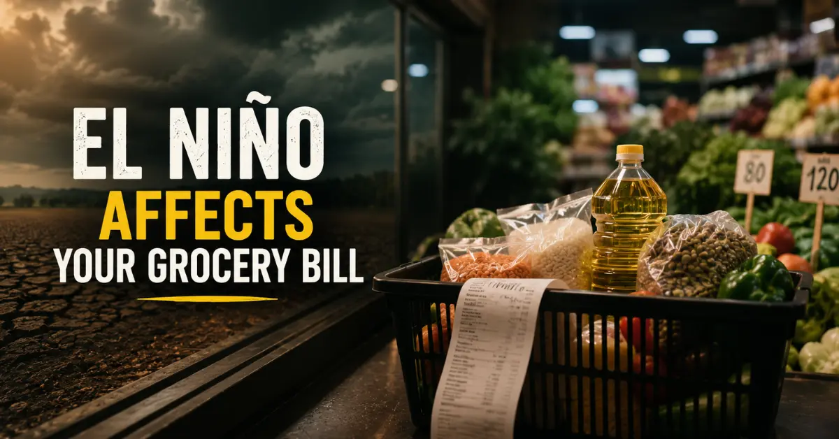 Cinematic grocery market scene showing a basket of food beside a drought-affected field with the text “El Niño Affects Your Grocery Bill.”