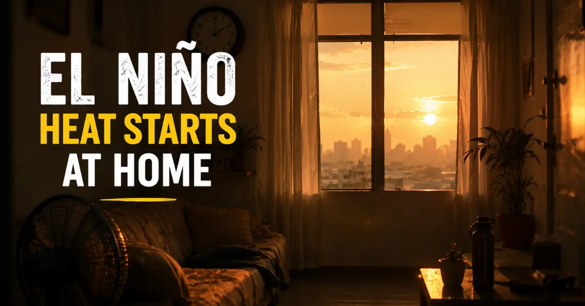 Cinematic view of a hot Indian living room during El Niño conditions with sunlight, a fan, and the text “El Niño Heat Starts at Home.”