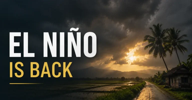 Cinematic view of dark monsoon clouds over Indian fields with the text El Niño Is Back.