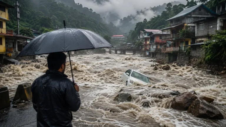 Man with an umbrella watching fast-moving flash-flood water rush through a mountain town as a car becomes partly submerged