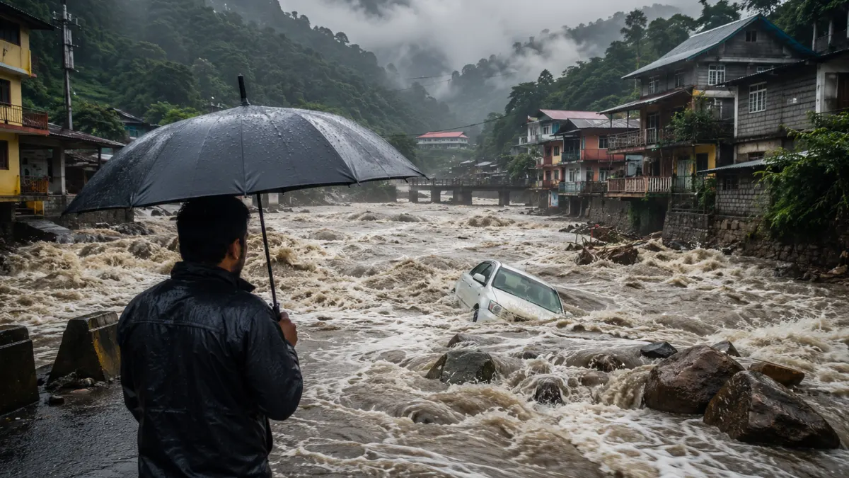 Man with an umbrella watching fast-moving flash-flood water rush through a mountain town as a car becomes partly submerged
