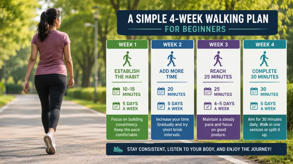 Four-week beginner walking plan showing gradual increases from 10–15 minutes to 30 minutes, alongside a woman walking in a park.