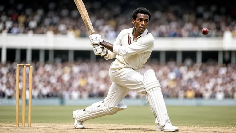 Historic West Indies all-rounder playing an attacking cricket shot in a packed stadium.