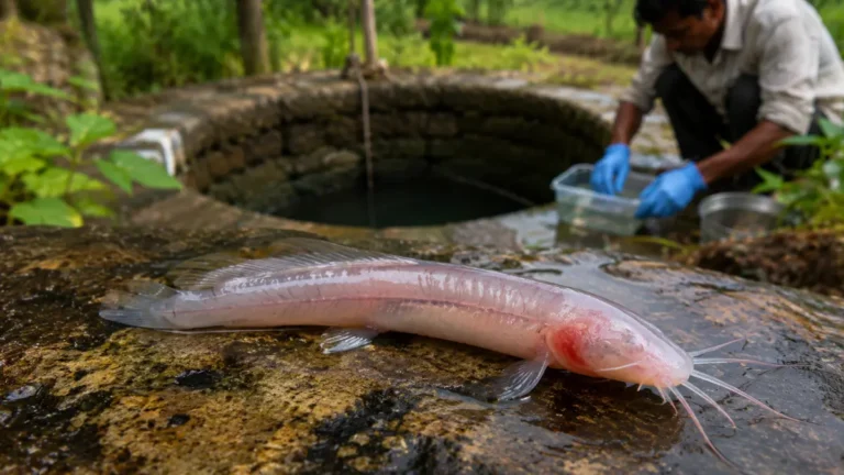 A pale blind Gitchak nakana fish beside a rural Assam well while a researcher examines groundwater samples.
