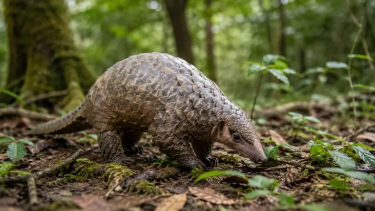 Himalayan pangolin walking across a damp forest floor, representing the species newly confirmed as distinct from the Chinese pangolin.