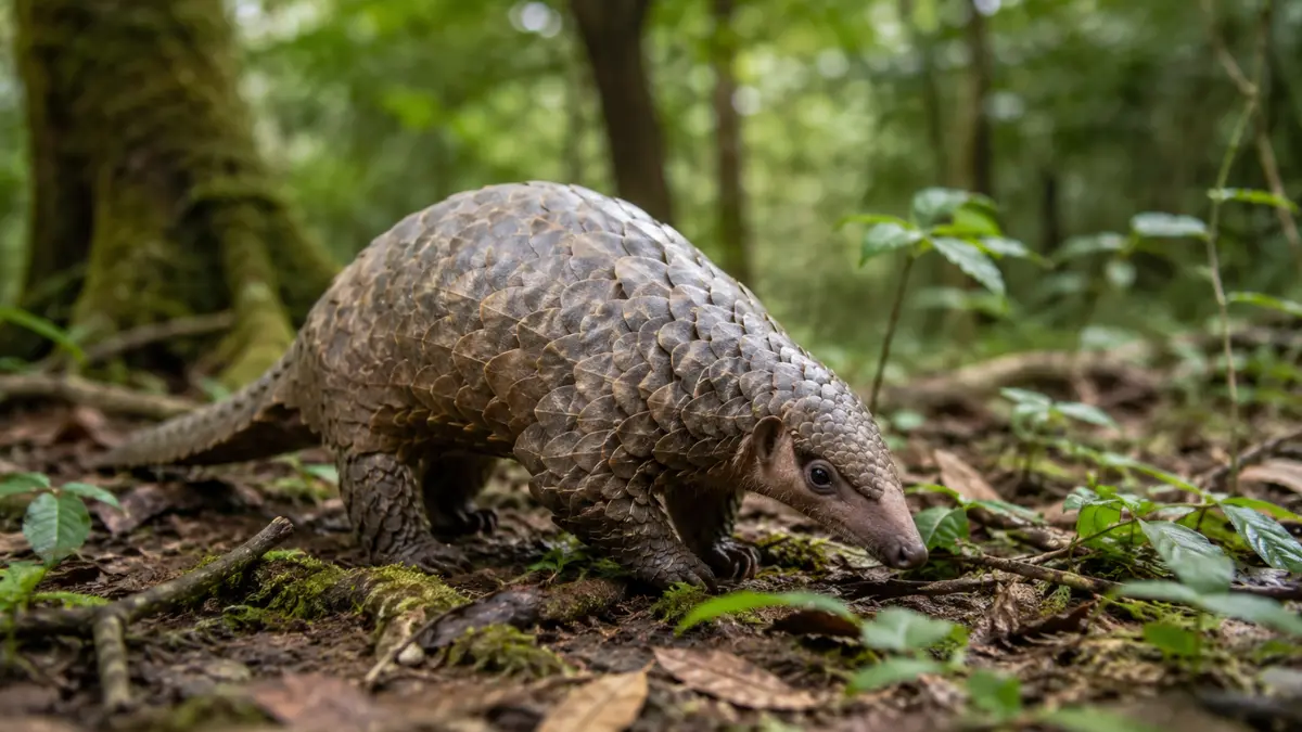Himalayan pangolin walking across a damp forest floor, representing the species newly confirmed as distinct from the Chinese pangolin.