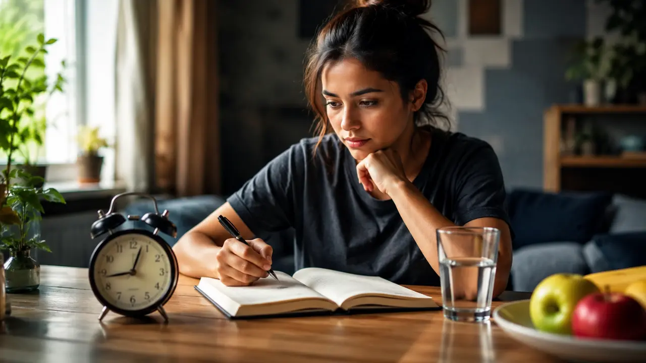Woman tracking a daily habit in a journal beside an alarm clock and glass of water at home.