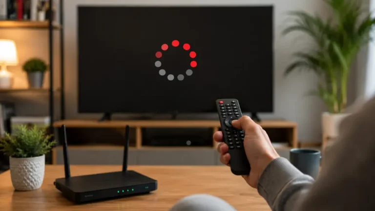 Person holding a remote while a television shows a buffering screen, with a Wi-Fi router nearby.