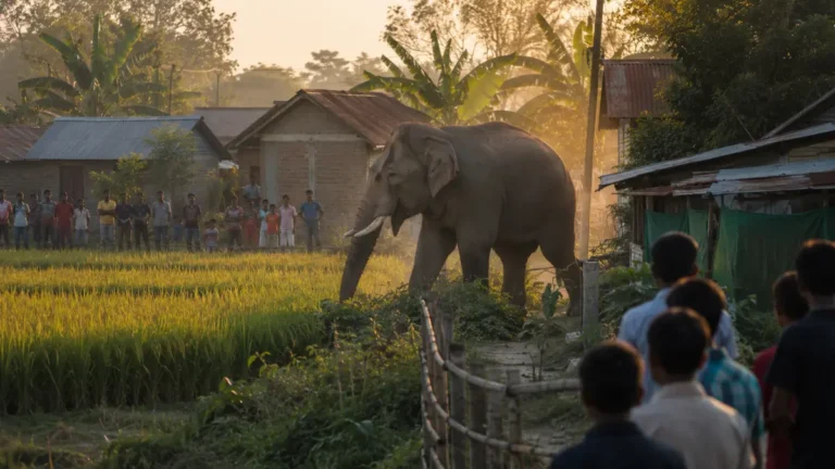 Wild elephant walking beside a paddy field near an Assam village as residents watch from a safe distance.