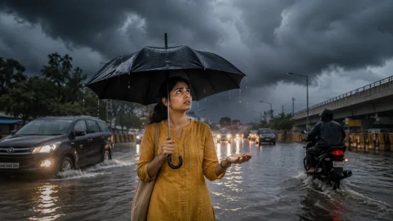 Indian woman holding an umbrella on a waterlogged city road during heavy rain, representing IMD red, orange and yellow weather warnings.