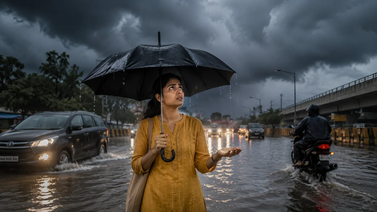 Indian woman holding an umbrella on a waterlogged city road during heavy rain, representing IMD red, orange and yellow weather warnings.