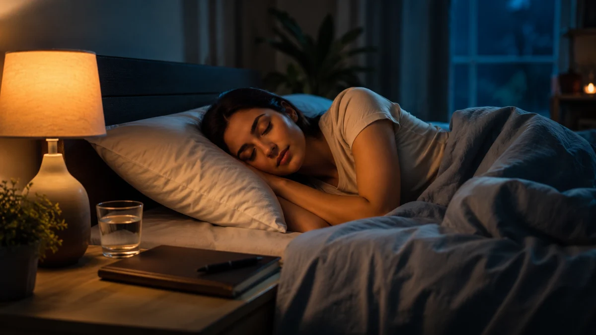 Woman sleeping peacefully in a calm, dimly lit bedroom with a bedside lamp and water glass.