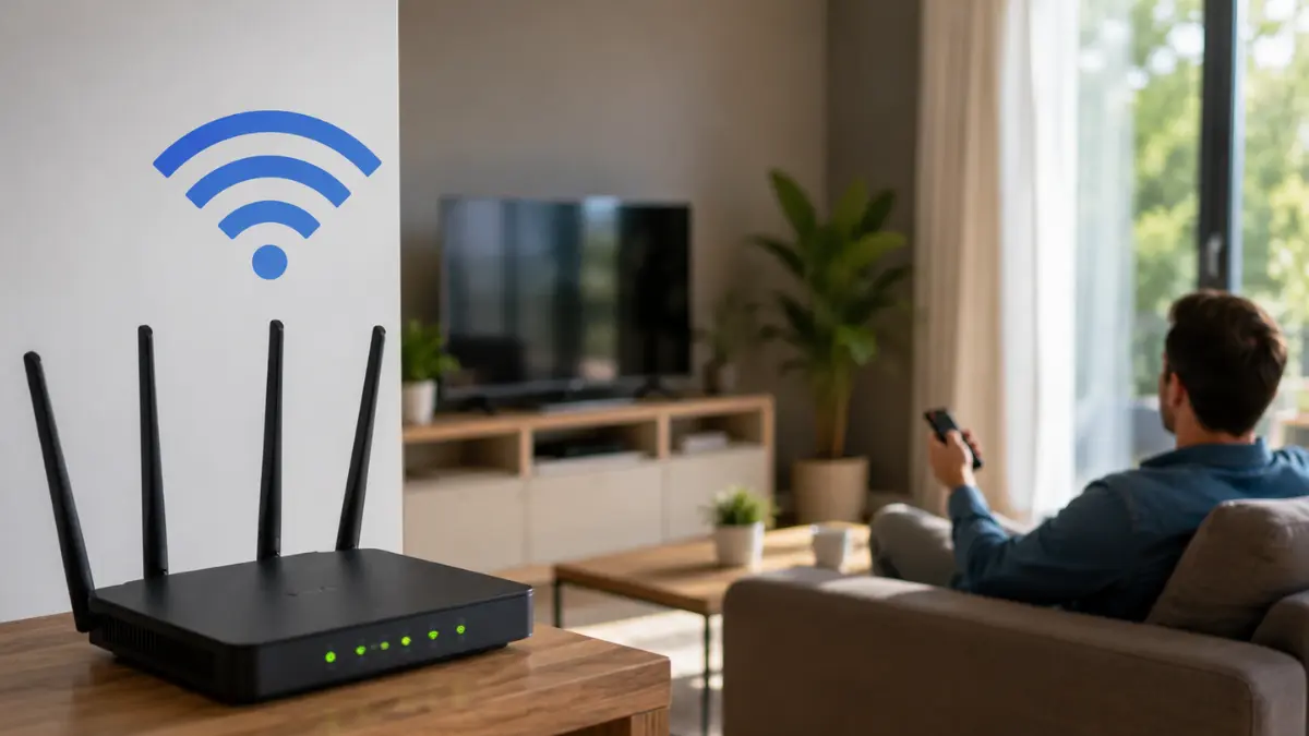 Wi-Fi router placed in an open area near a television to improve the wireless signal for streaming.