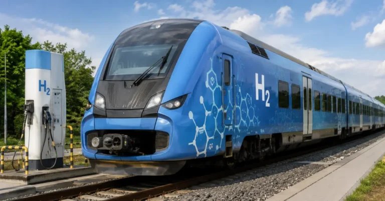 Modern hydrogen-powered passenger train beside a hydrogen refuelling station on a rural railway track