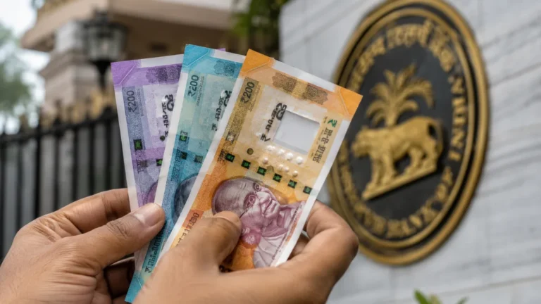Concept image of hands holding polymer-style Indian banknotes outside the Reserve Bank of India building.