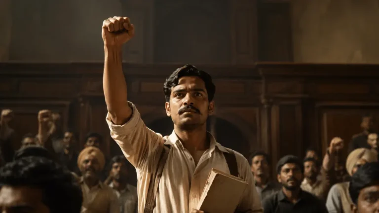 A young Indian revolutionary raising his fist in a colonial-era assembly hall as supporters stand behind him.
