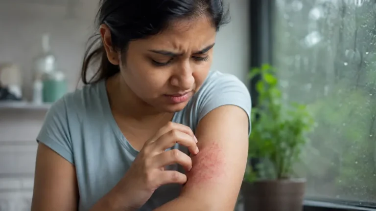 Woman examining an itchy red skin rash on her arm beside a rain-covered window during monsoon season