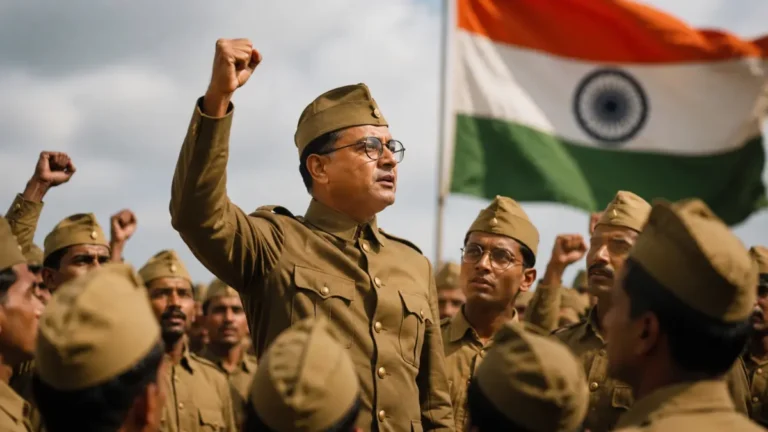 Subhas Chandra Bose raising his fist among Indian National Army soldiers with the Indian flag in the background.
