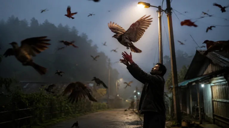Disoriented birds flying around a streetlight on a foggy night in Jatinga, Assam