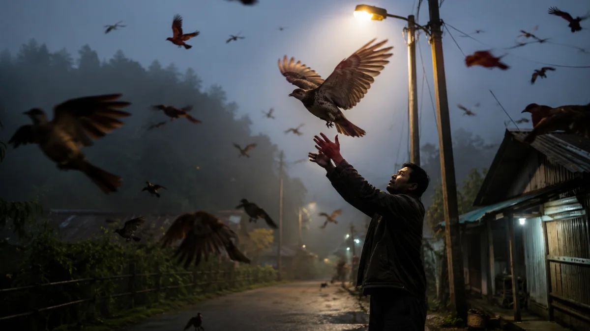 Disoriented birds flying around a streetlight on a foggy night in Jatinga, Assam