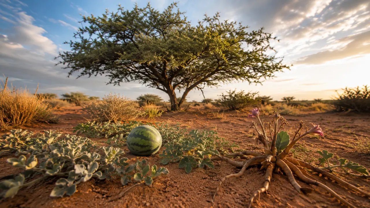 Camel thorn tree, tsamma melon vine and devil’s claw plant surviving in the red sands of the Kalahari Desert.