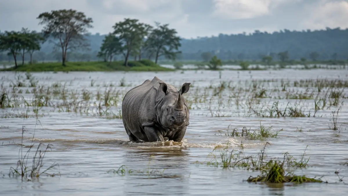 One-horned rhinoceros walking through seasonal floodwater in Kaziranga National Park, Assam.