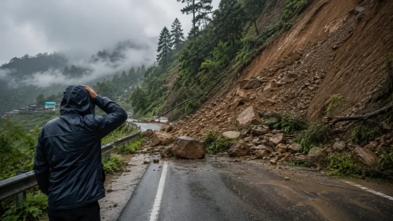 Person in a rain jacket looking at a fresh landslide blocking a wet mountain road during heavy rain.