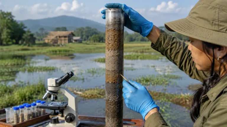 Scientist examining a layered sediment core beside a Majuli wetland to study 4,000 years of climate, forests, and flood history.