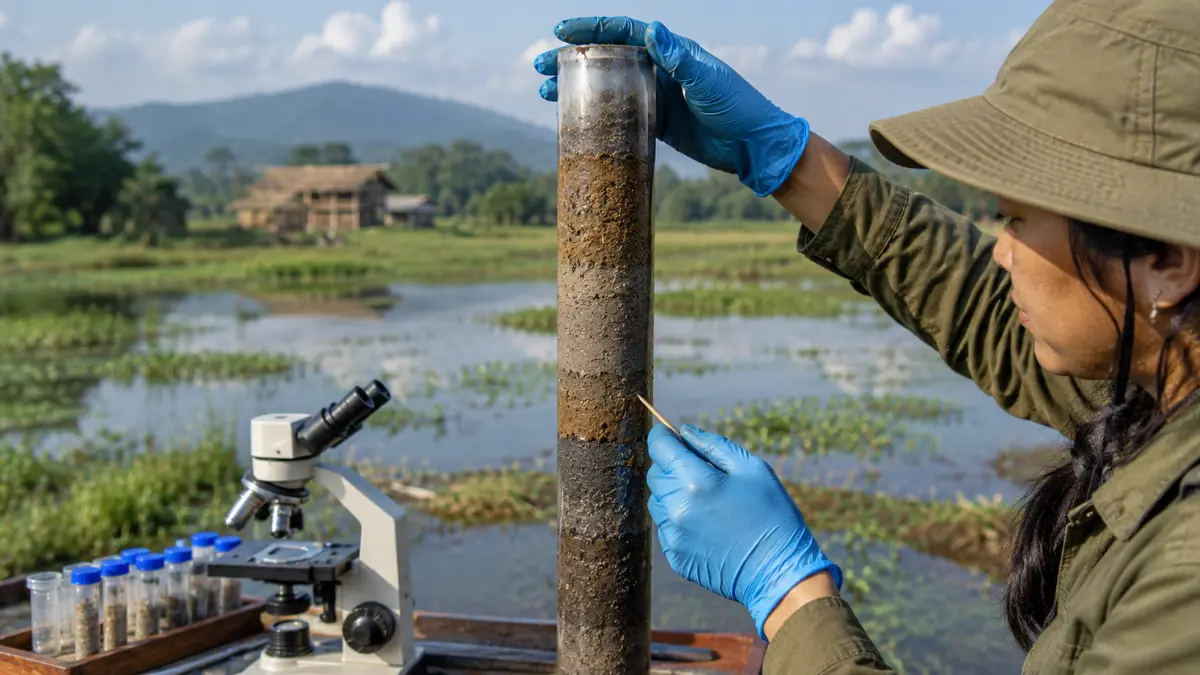 Scientist examining a layered sediment core beside a Majuli wetland to study 4,000 years of climate, forests, and flood history.
