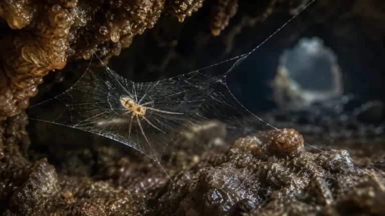 Tiny Simonia lawbah spider resting on a delicate web inside Meghalaya’s dark and humid Krem Lawbah Cave.