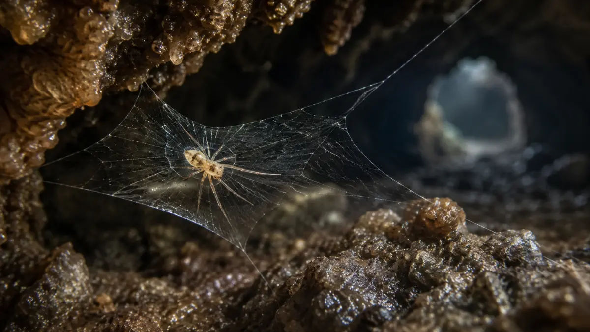 Tiny Simonia lawbah spider resting on a delicate web inside Meghalaya’s dark and humid Krem Lawbah Cave.