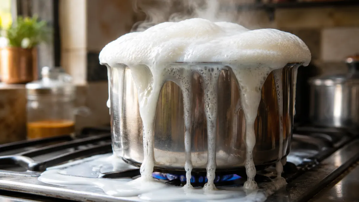 Milk foaming and boiling over the rim of a stainless steel pot on a gas stove