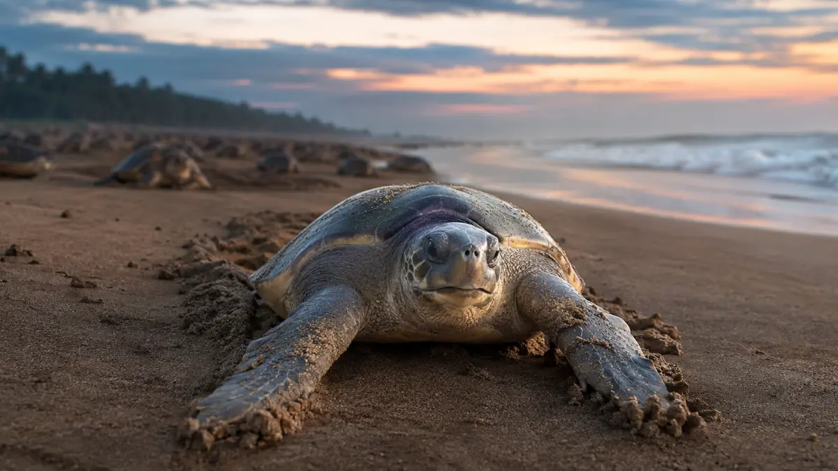 Olive Ridley turtle returning to a sandy Odisha nesting beach at sunrise with other turtles near the shoreline.